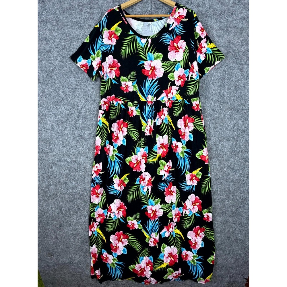 Longyuan Maxi Dress Womens 4XL Black Floral Hibiscus Hawaiian Tropical Resort